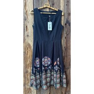 Stained Glass Print A-Line Black Fit & Flare Midi Art Nouveau Gothic Size L NWT